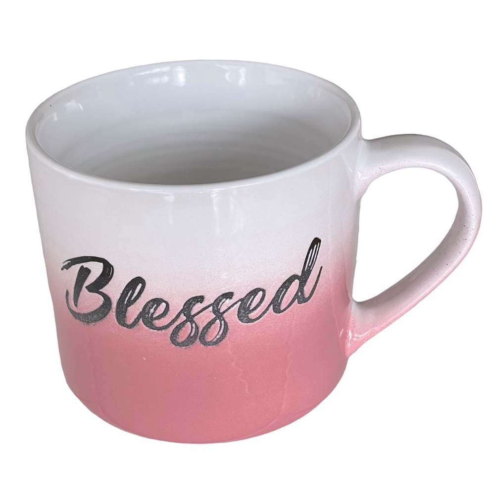 Nicole's Kitchen Ceramic Mug 'Blessed' Pink and White 16 oz.